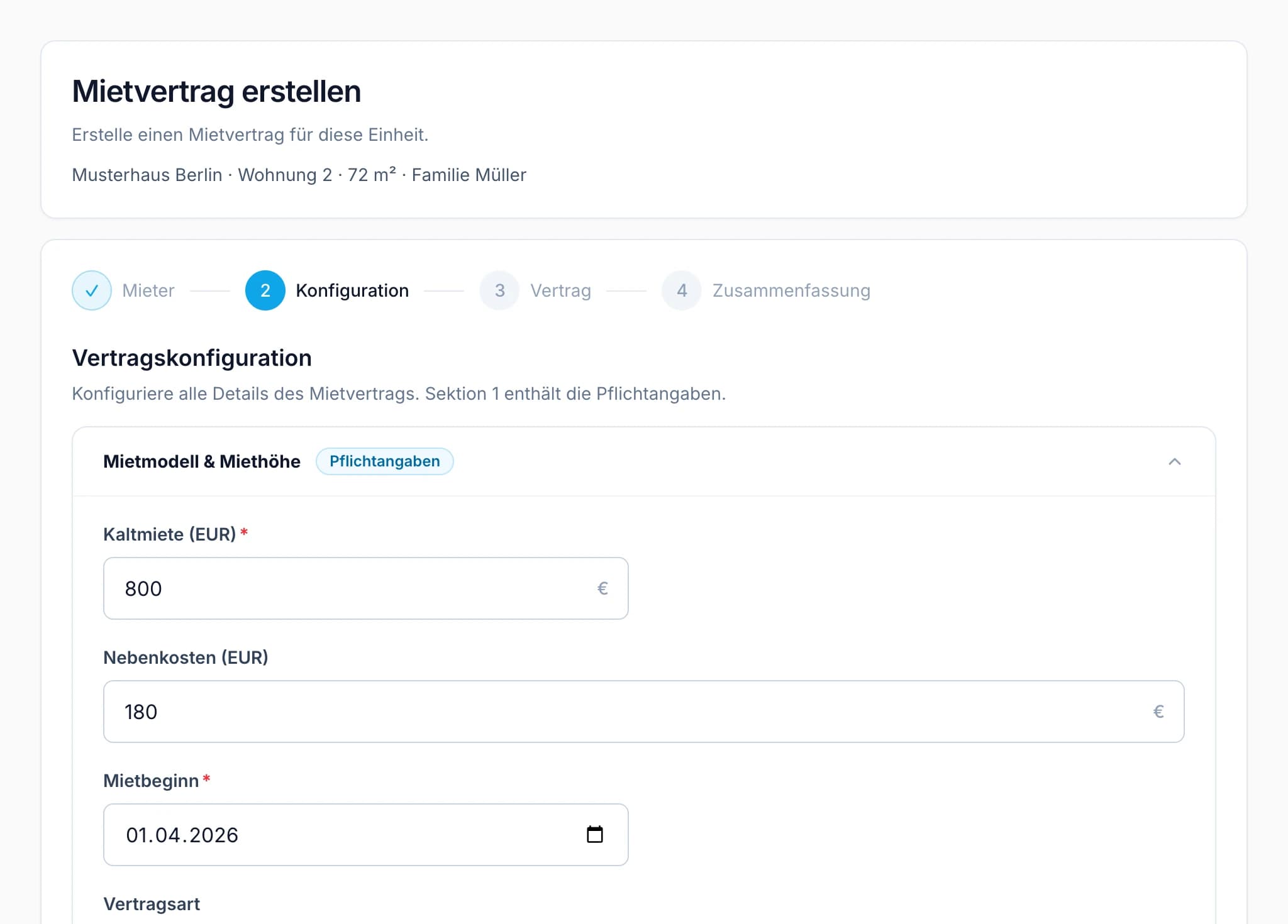 Mietvertrags-Assistent in ImmoBuddy mit Miete und Kaution